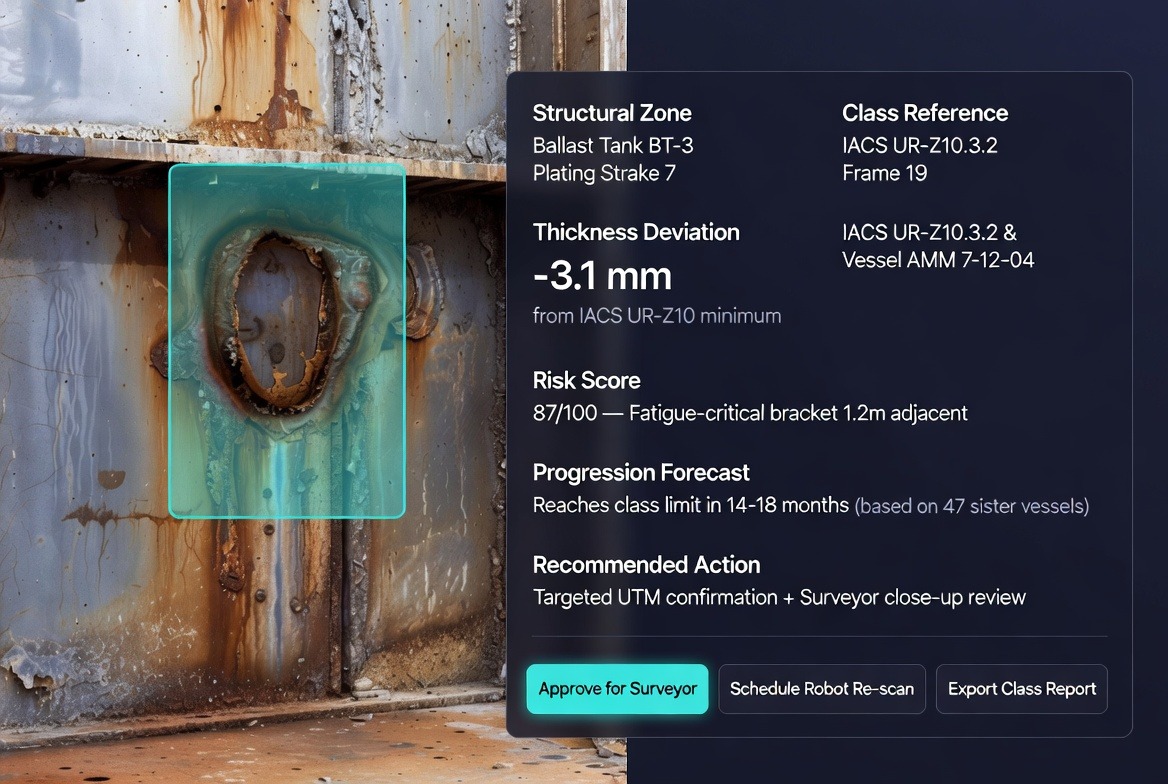 Defect review overlay with structural zone context, thickness deviation, and class references