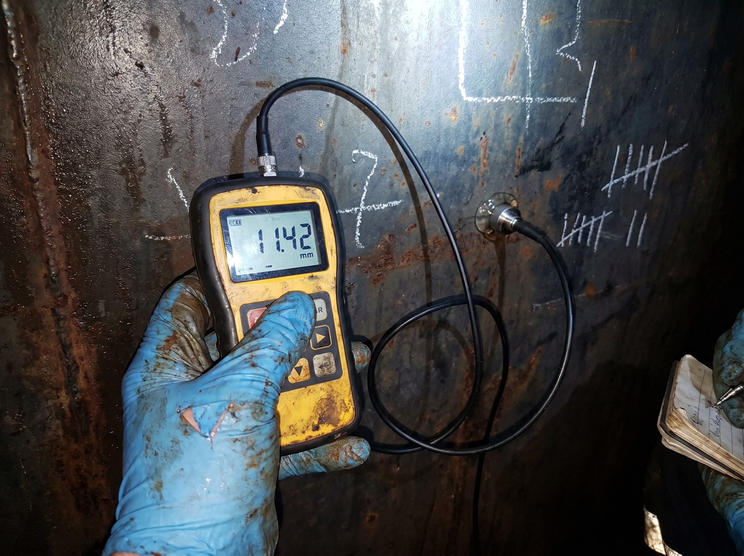 A grimy blue-nitrile-gloved hand holds a yellow ruggedized ultrasonic thickness gauge displaying '11.42 mm' on its monochrome LCD screen, with a coiled cable running to a small metal probe pressed against a heavily corroded tank bulkhead marked with chalk tally counts from previous measurements.