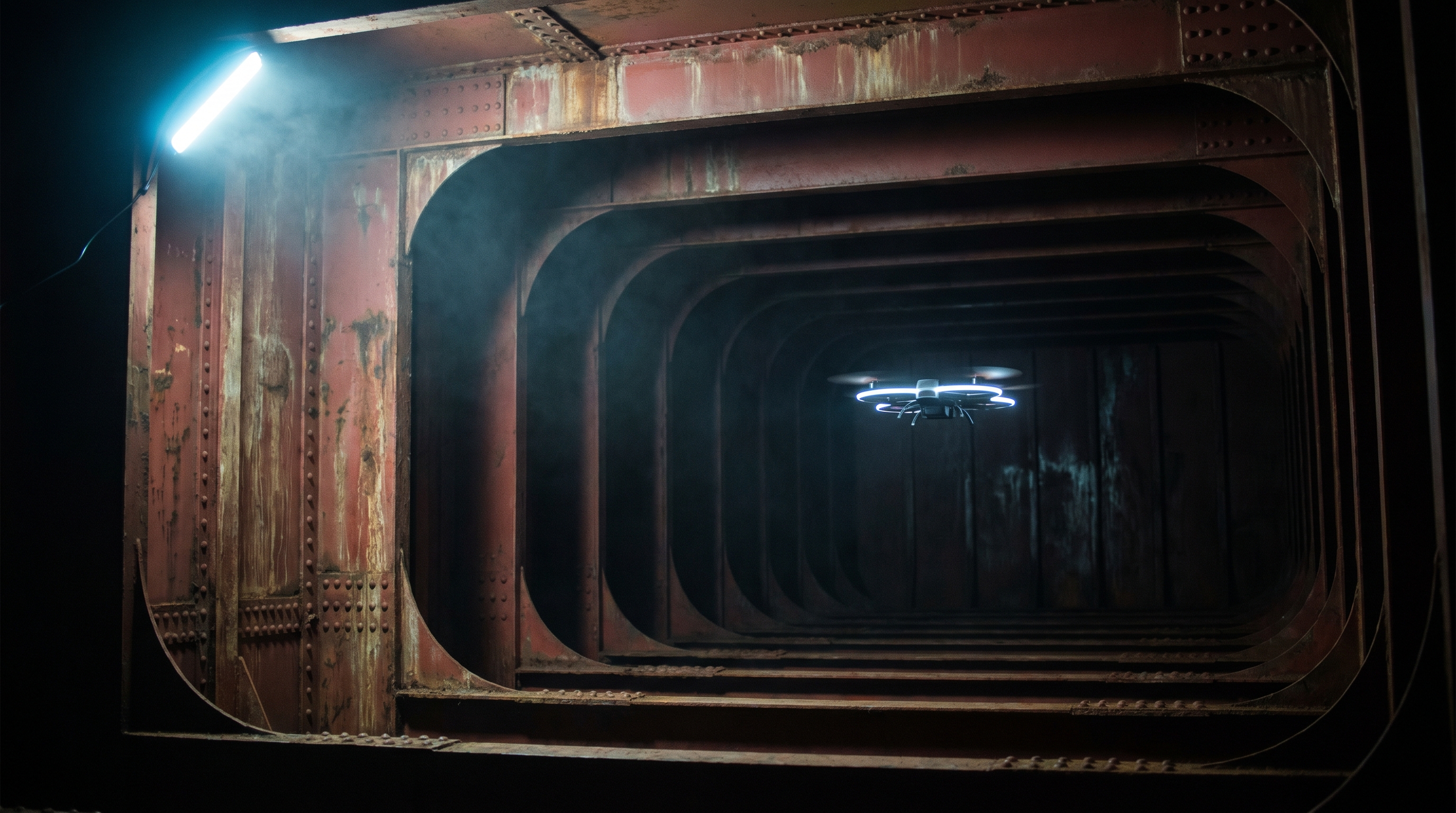 Cathedral-like interior of a commercial ship's empty ballast tank, illuminated by a single inspection light, with a small quad-rotor drone hovering between weathered red-oxide-coated web frames.