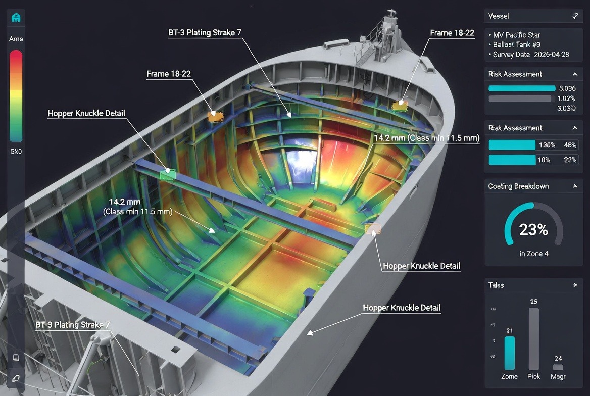 Tank-level structural integrity visualization with corrosion and thickness maps